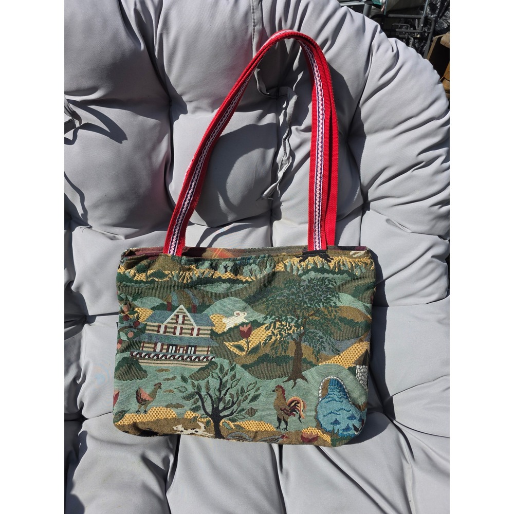 Vermont Bag Lady Tapestry Tote Bag Farm Scene Countryside Red Straps Large